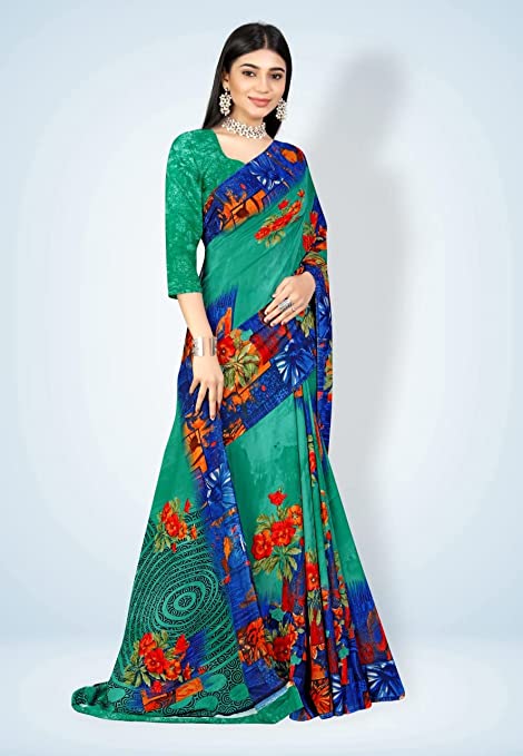 Abhilasha Synthetic Sarees for Women, Flower Print Sari with Blouse Piece (Rama Green)