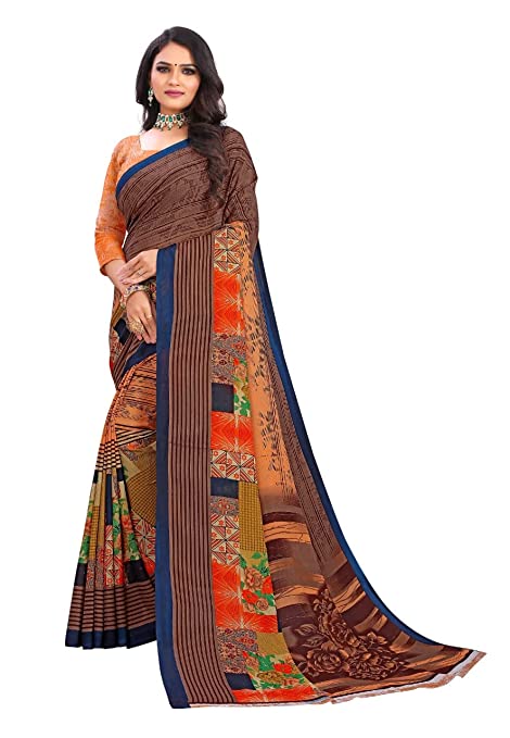 Abhilasha Synthetic Sarees for Womens, Flower Print Sari with Blouse Piece (Brown)