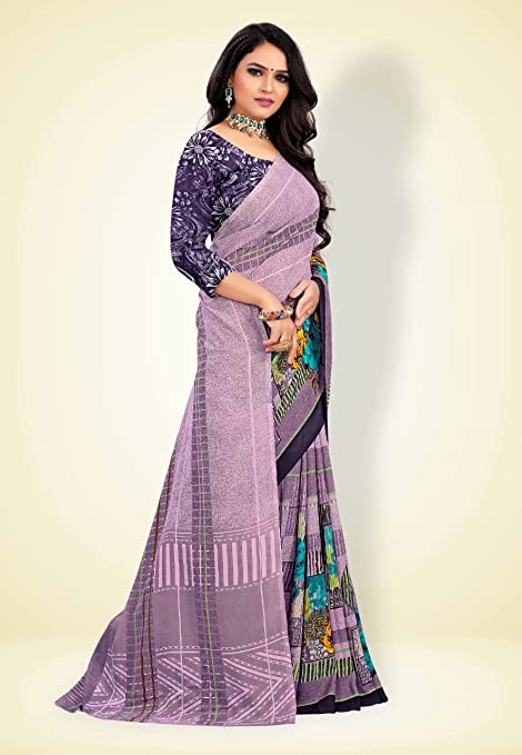 Abhilasha Synthetic Sarees for Women, Flower Print Sari with Blouse Piece (Rust Purple)