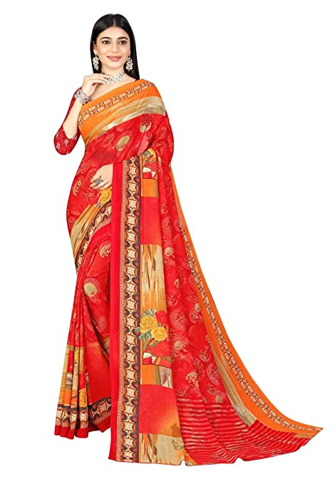 Abhilasha Synthetic Sarees for Women, Flower Print Sari with Blouse Piece (Red)