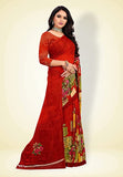 Abhilasha Synthetic Sarees for Women, Flower Print Sari with Blouse Piece (Tomato Red)