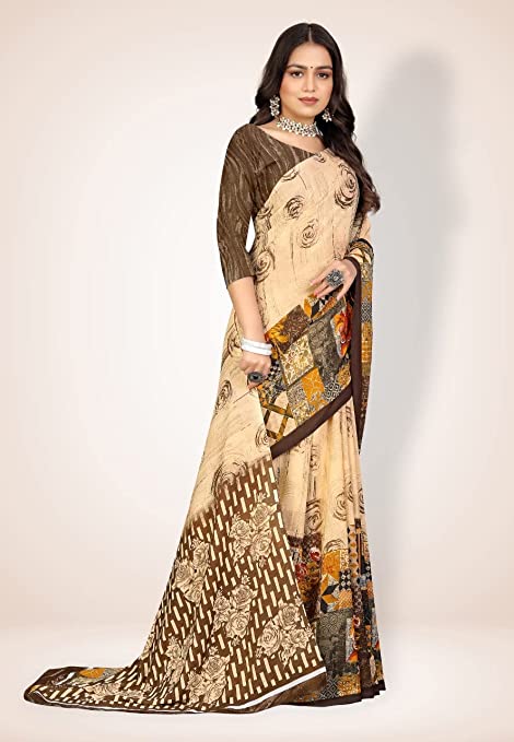 Abhilasha Synthetic Sarees for Womens, Flower Print Sari with Blouse Piece (Cream)