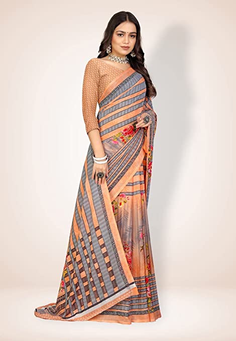 Abhilasha Synthetic Sarees for Women, Flower Print Sari with Blouse Piece (Peach)