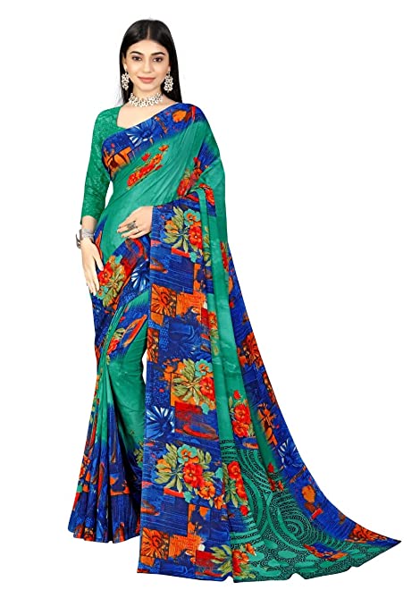 Abhilasha Synthetic Sarees for Women, Flower Print Sari with Blouse Piece (Rama Green)