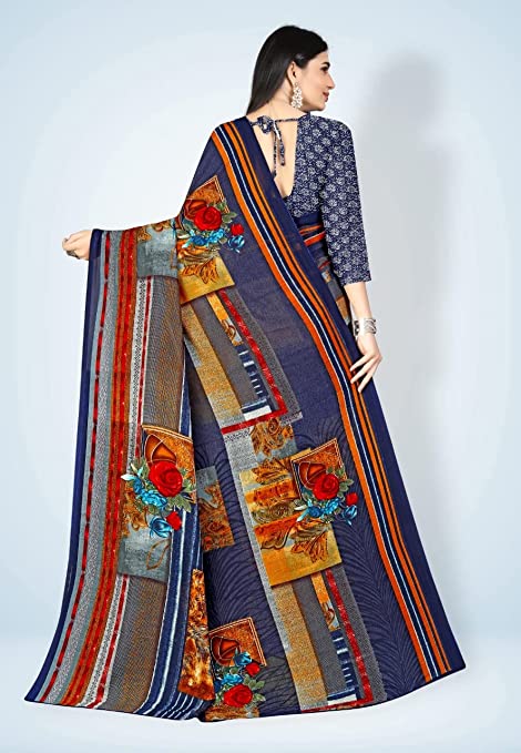 Abhilasha Synthetic Sarees for Womens, Flower Print Sari with Blouse Piece (Blue)